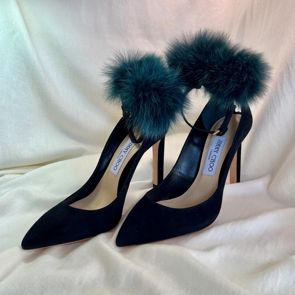 Jimmy Choo Black Suede Heels with Fox Fur PomPoms, Sz. 37/US7 - Picture 1 of 7